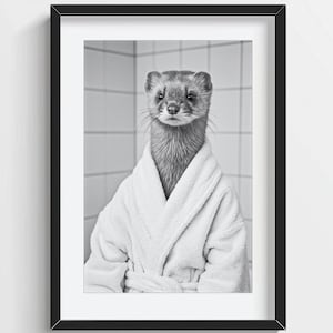 Funny Weasel Wall Art, Weasel in Bathrobe, Quirky Bathroom Wall Decor, Cute Animal Print, Kids Wall Art, AI Printable Digital Photo
