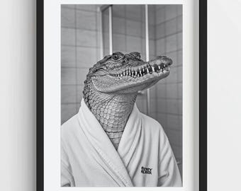 Funny Crocodile in Bathrobe Print: Quirky Bathroom Wall Art (Digital Download)