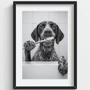 May include: A black and white photograph of a dog in a bath, brushing its teeth with a toothbrush.