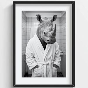 Funny Rhino Wall Art, Rhino in Bathrobe, Quirky Bathroom Wall Decor, Cute Animal Print, Kids Wall Art, AI Printable Digital Photo
