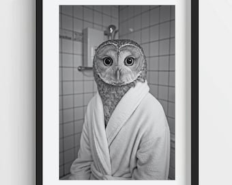 Eule im Bademantel Print: Originelles Badezimmer Dekor (Digitaler Download)