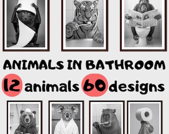 Funny Bathroom Wall Art Bundle of 60, Quirky Bathroom Decor, Funny Animal Prints, in bathtub, on toilet, Kids Art, AI Printable Digital Art