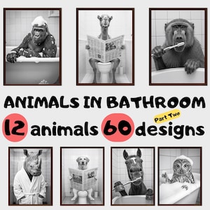 Funny Bathroom Wall Art Bundle of 60, Quirky Bathroom Decor, Funny Animal Prints, in bathtub, on toilet, Kids Art, AI Printable Digital Art