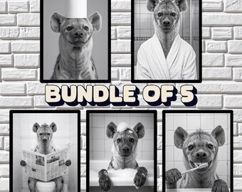 Lustige Hyäne Badezimmer Kunstdrucke: Schrullige Tier Dekoration (Digitaler Download, 5er Set)