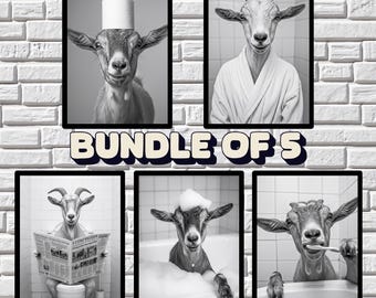 Funny Goat Bathroom Art Prints: Quirky Animal Photos (Digital Download Bundle of 5)