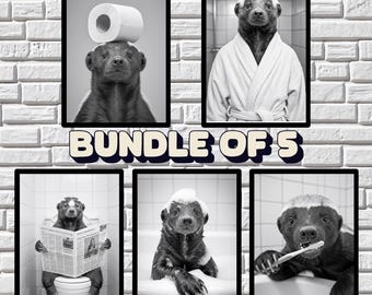 Lustiger Honig Dachs Kunstdruck für Badezimmer: Eigenartiges Tier Dekor (Digitaler Download, 5er Set)