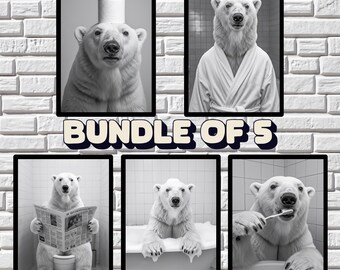 Funny Polar Bear Bathroom Art Prints: Quirky Animal Photos (Digital Download Bundle of 5)
