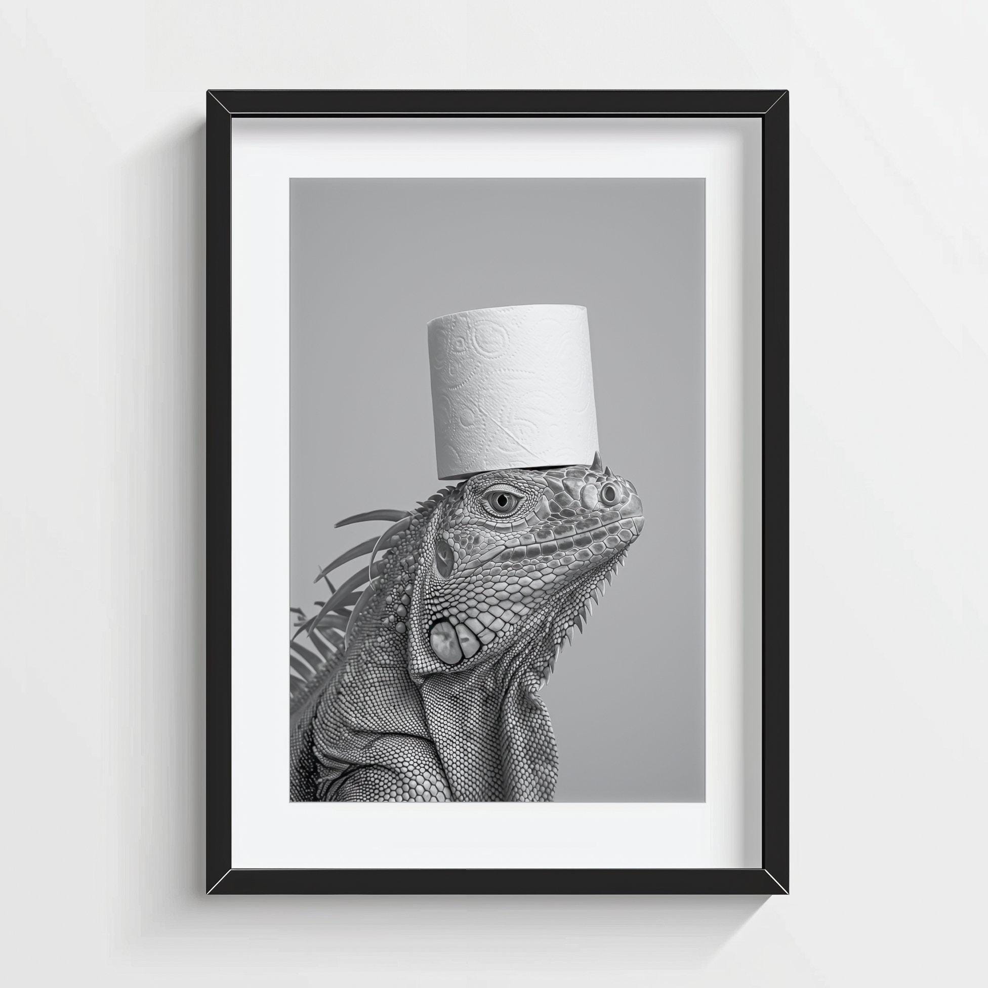 Funny Iguana Wall Art, Iguana with a Toilet Paper Roll on Head, Quirky Bathroom Wall Decor, Cute Animal Print, AI Printable Digital Photo