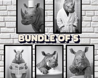 Funny Rhino Bathroom Art Prints, Quirky Animal Decor (Digital Download)