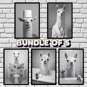Funny Llama Wall Art Bundle of 5, Quirky Bathroom Decor, Funny Animal Prints, in bathtub, on toilet, Kids Art, AI Printable Digital Art