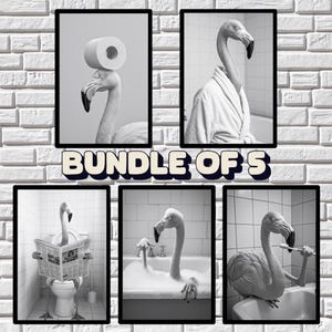 Funny Flamingo Wall Art Bundle of 5, Quirky Bathroom Decor, Funny Animal Prints, in bathtub, on toilet, Kids Art, AI Printable Digital Art