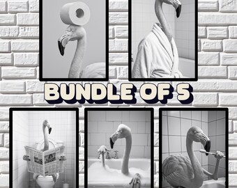 Lustiger Flamingo Badezimmer Kunstdruck: Lustige Tierfotos (Digitaler Download, 5er Set)