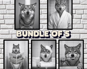 Lustiger Wolf Badezimmer Art Prints: Schräge Tierfotos (5er Set digitaler Download)