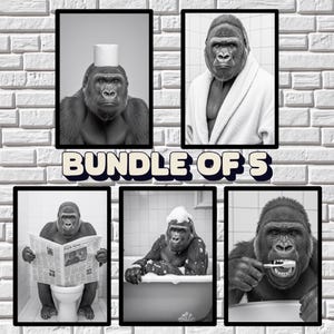 Funny Gorilla Wall Art Bundle of 5, Quirky Bathroom Decor, Funny Animal Prints, in bathtub, on toilet, Kids Art, AI Printable Digital Art