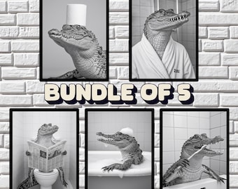Krokodil Badezimmer Art Prints: Lustige Tierfotos (Digitaler Download im 5er-Set)