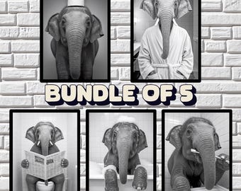 Funny Elephant Wall Art Bundle of 5, Quirky Bathroom Decor, Funny Animal Prints, in bathtub, on toilet, Kids Art, AI Printable Digital Art