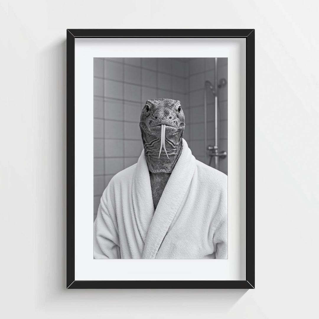Komodo Dragon in Bathrobe Print: Funny Bathroom Wall Art (digital ...