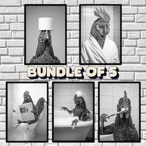 Funny Cockerel Wall Art Bundle of 5, Quirky Bathroom Decor, Funny Animal Prints, in bathtub, on toilet, Kids Art, AI Printable Digital Art