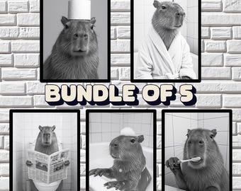 Funny Capybara Wall Art Bundle of 5, Quirky Bathroom Decor, Funny Animal Prints, in bathtub, on toilet, Kids Art, AI Printable Digital Art