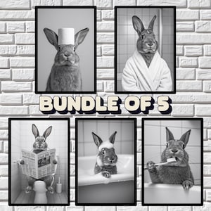 Funny Rabbit Wall Art Bundle of 5, Quirky Bathroom Decor, Funny Animal Prints, in bathtub, on toilet, Kids Art, AI Printable Digital Art