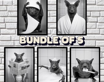 Fledermaus Badezimmer Art Prints: Lustige Tierfotos (Digitaler Download 5er Set)
