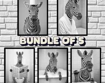 Lustige Zebra Badezimmer Kunstdrucke: Schräge Tierfotos (Digitaler Download, 5er Set)