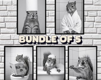 Funny Squirrel Wall Art Bundle of 5, Quirky Bathroom Decor, Funny Animal Prints, in bathtub, on toilet, Kids Art, AI Printable Digital Art
