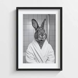 Funny Rabbit Wall Art, Rabbit in Bathrobe, Quirky Bathroom Wall Decor, Cute Animal Print, Kids Wall Art, AI Printable Digital Photo
