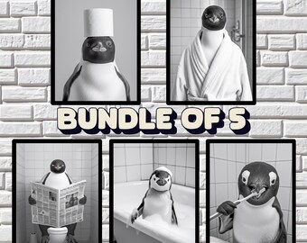 Lustige Pinguin Badezimmer Art Prints: Schräge Tierfotos (5er Set digitaler Download)