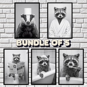 Funny Raccoon Wall Art Bundle of 5, Quirky Bathroom Decor, Funny Animal Prints, in bathtub, on toilet, Kids Art, AI Printable Digital Art