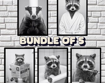 Lustiger Waschbär Badezimmer Druck: Schruiges Tier Art Bundle (Digitaler Download