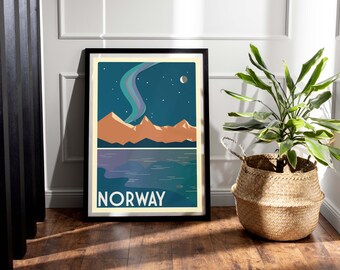 May include: A retro-style poster with a dark blue background featuring a stylized illustration of mountains, a body of water, and the aurora borealis. The text "NORWAY" is printed in white at the bottom of the poster.