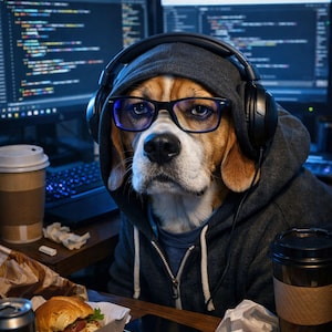 Könnte beinhalten: Ein Beagle-Hund trägt einen dunkelgrauen Kapuzenpullover, eine schwarz umrandete Brille und große Over-Ear-Kopfhörer. Der Hund sitzt vor zwei Computerbildschirmen mit Programmcode, einem Burger, Kaffeetassen und einem Smartphone.