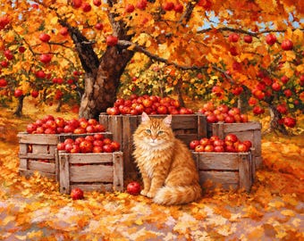 Custom Autumn Pet Portrait Framed Poster, Your Cat in an Apple Orchard, Fall Oil Painting Style Pet Gift, Cozy Harvest Wall Art