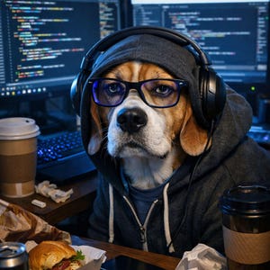May include: A beagle wearing glasses, a hoodie, and headphones sits before two computer monitors displaying code. A burger, coffee cup, and a can of soda are on the desk. The dog looks like a programmer.