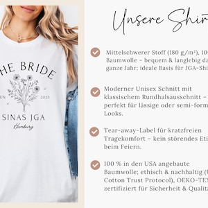 The image is a collage of two photos. The first photo shows a woman wearing a white shirt with a floral design, and the second photo shows a woman wearing a white shirt with a floral design. The text in the image is in German and describes the shirts, including details about their design, size, and origin.