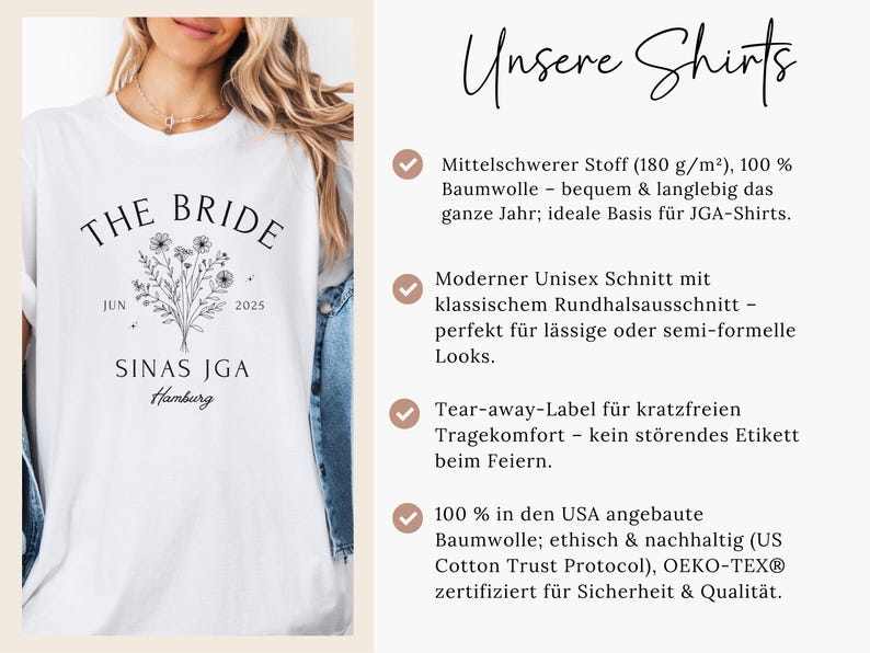 The image is a collage of two photos. The first photo shows a woman wearing a white shirt with a floral design, and the second photo shows a woman wearing a white shirt with a floral design. The text in the image is in German and describes the shirts, including details about their design, size, and origin.