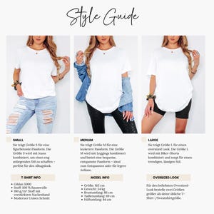 The image is a style guide featuring three different outfits, each with a woman wearing them. The outfits are labeled as "SMALL", "MEDIUM", and "LARGE", and the guide provides information about the clothing styles and their corresponding sizes.