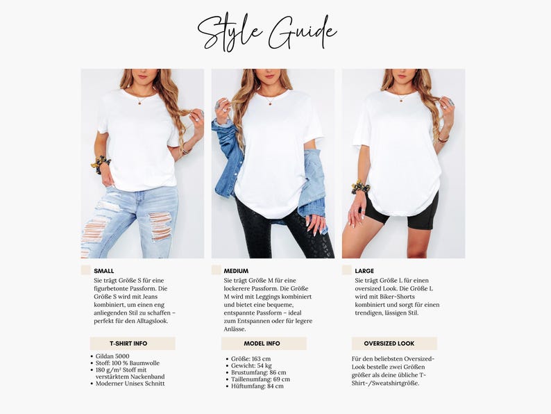 The image is a style guide featuring three different outfits, each with a woman wearing them. The outfits are labeled as "SMALL", "MEDIUM", and "LARGE", and the guide provides information about the clothing styles and their corresponding sizes.
