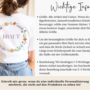 a woman wearing a white t-shirt with a floral design on the back, and the text provides information about the t-shirt, including details about the design and the brand.