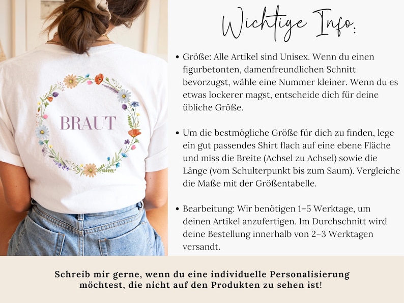 a woman wearing a white t-shirt with a floral design on the back, and the text provides information about the t-shirt, including details about the design and the brand.