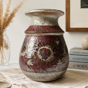 Könnte beinhalten: Eine Keramikvase mit einem breiten, ausgestellten Rand und einem bauchigen Körper. Die Oberfläche weist eine texturierte, gesprenkelte Glasur in tiefen Rot-, Braun- und Cremetönen auf, mit kreisförmigen Mustern und einem rauen, verwitterten Aussehen.