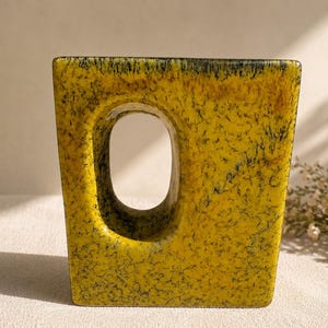 Peut inclure: Un vase en céramique rectangulaire avec un vernis jaune vif et un motif craquelé noir fin et ramifié sur toute la surface. Le vase présente une grande découpe ovale verticale centrée qui traverse le corps de l'objet.