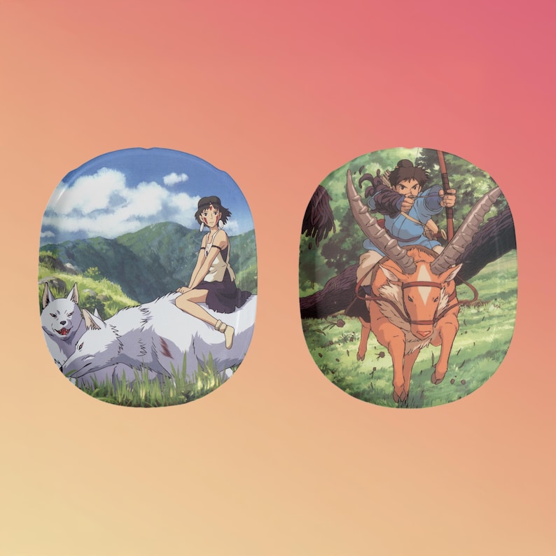 May include: Two round, colorful, ceramic plates with images of characters from the animated film Princess Mononoke. The first plate features a young woman riding a white wolf, while the second plate shows a man riding a deer-like creature with large antlers.