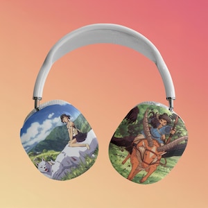 May include: White wireless headphones with custom printed earcups. One earcup features a girl riding a white wolf in a green field. The other earcup features a girl riding a brown and white deer in a forest.