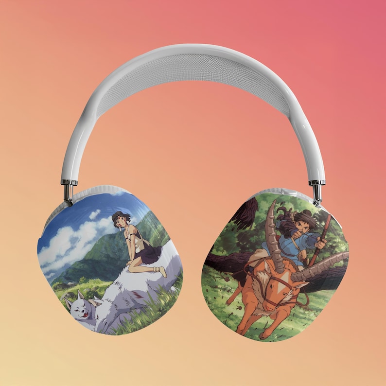 May include: White wireless headphones with custom printed earcups. One earcup features a girl riding a white wolf in a green field. The other earcup features a girl riding a brown and white deer in a forest.