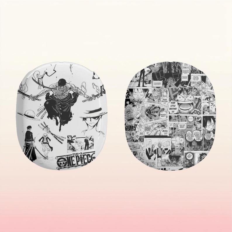 May include: Two round, white, wireless earbud cases with black and white manga-style illustrations. One case features a character from the anime One Piece, the other case features a collage of manga panels.