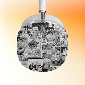 May include: Black and white anime manga style graphic design featuring a variety of characters and scenes. The design is printed on a white background.