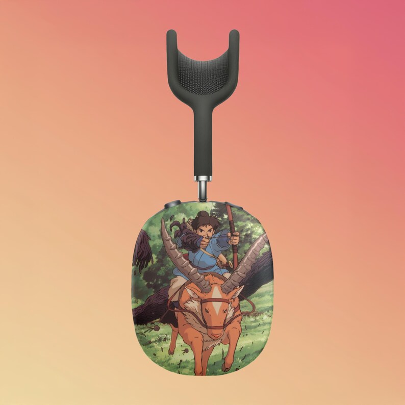 May include: Black wireless headphones with a green, brown, and blue graphic of a character riding a deer-like creature through a forest.