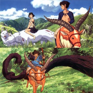May include: A scene from an animated film featuring two characters riding on horned creatures. The first character is a young woman with dark hair riding a white wolf-like creature. The second character is a young man with dark hair riding a brown horned creature. The background is a lush green forest.